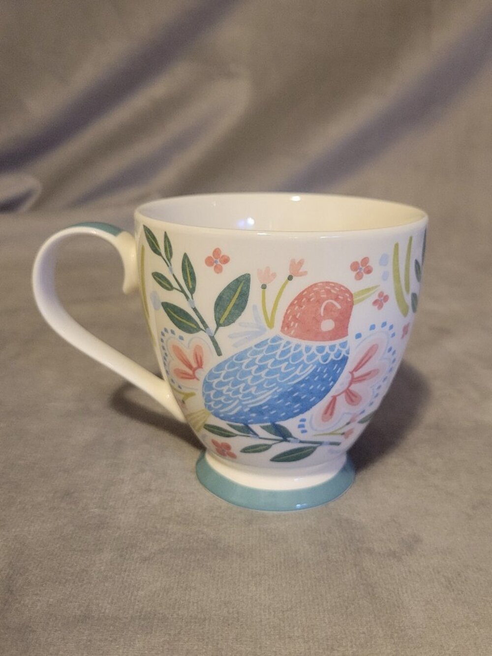 The English Mug Co. Footed Mug Pastel Turquoise Bird Floral Spring Leaf